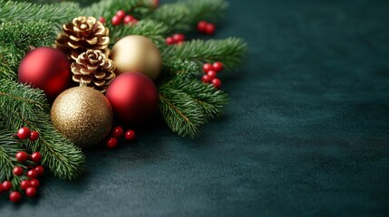 Festive Christmas decoration with ornaments, pine cones and berries