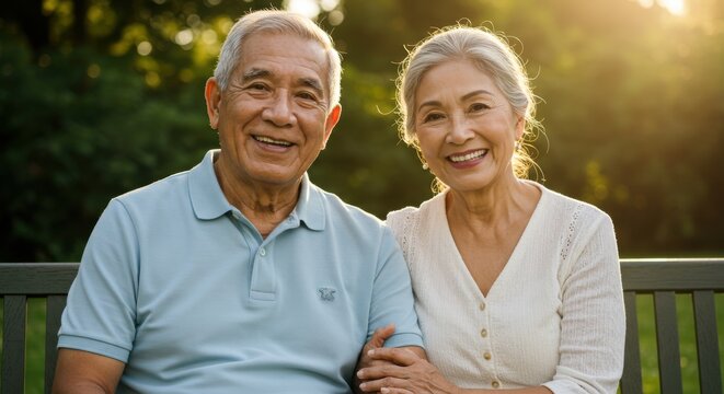 Portrait of a smiling senior couple outdoors on a park bench happiness and affection in retirement