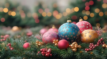 Festive Christmas ornaments and pine branches with bokeh lights background