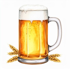 Watercolor Illustration of a Beer Mug with Wheat