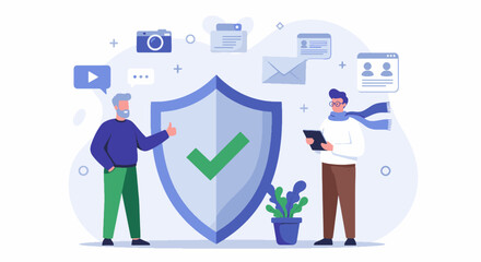Digital Security and Data Protection with User Assurance. Digital security illustration with a central shield, secure data icons, and satisfied users.