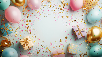 birthday background featuring colorful balloons, confetti, and gift boxes with central blank area for text placement. Cheerful, gender-neutral color palette.. Perfect for birthday invitations, digital