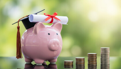 Piggy Bank with Graduation Cap and Diploma Representing Education Savings and Financial Planning