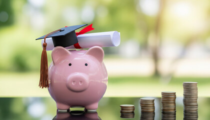 Piggy Bank Graduation Concept with Diploma and Stacked Coins Symbolizing Education Savings and Financial Planning