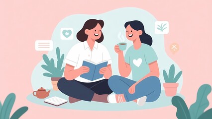 Two Women Enjoying Tea and Reading a Book Together in a Cozy Setting.