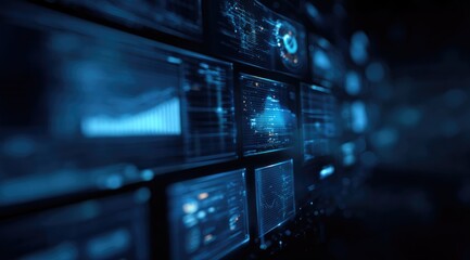 A futuristic wall of glowing blue screens displays dynamic data visualizations, graphs, and charts in a dark, technological setting