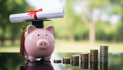 Education Savings Concept with Graduation Cap Piggy Bank and Coin Stack