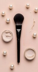 Flat lay of a makeup brush and cream on beige with pearls. Peach tones, soft light, and clean style—ideal for beauty or skincare branding.

