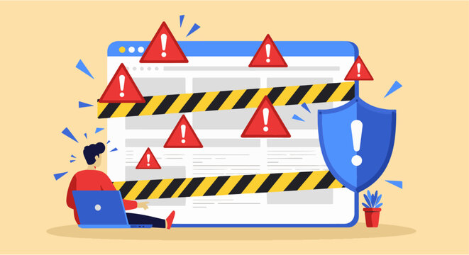 Cybersecurity Threat, Warning, and Data Protection Concept. illustration depicts a cybersecurity threat, showing warning signs, a protected browser, and a distressed user, conveying internet security