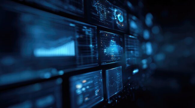 A futuristic wall of glowing blue screens displays dynamic data visualizations, graphs, and charts in a dark, technological setting