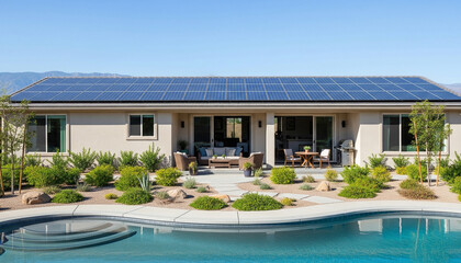 Modern Solar Powered House with Pool and Desert Landscaping in Sunny Suburban Environment
