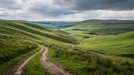 Rolling green hills with a winding dirt path leading into the horizon
