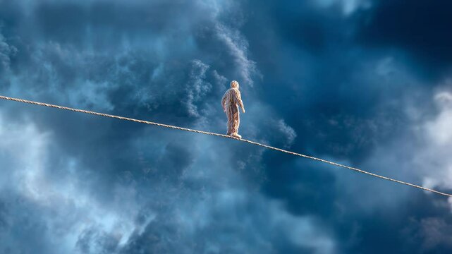 Focused tightrope walker shows courage, maintains serene balance high in dreamy sky with surreal clouds, navigating risk.