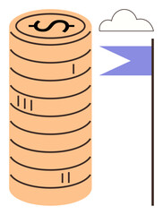 Stack of coins with a dollar sign symbolizes wealth or savings, a blue flag on a pole for goal setting, accompanied by a small cloud. Ideal for finance, investment, success, goals, motivation