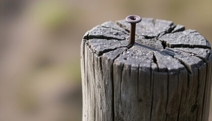 Old Rusted Nail Driven into a Weathered Wooden Post with Cracks and Texture