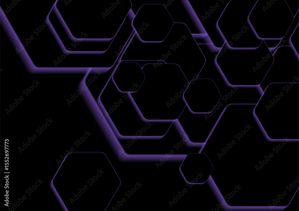 Poster Black and violet hexagons abstract technology geometric background. Dark minimal vector design
