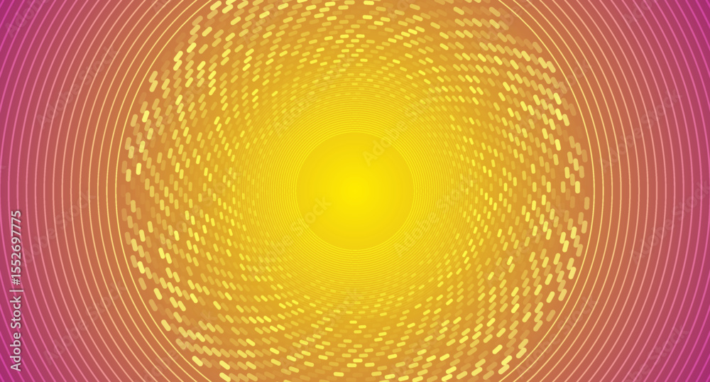 Poster bright yellow purple circular and spiral dotted lines abstract tech geometric background. vector fut