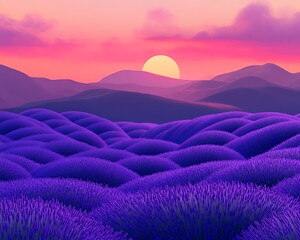 Rolling lavender hills under a vibrant pink and purple sunset