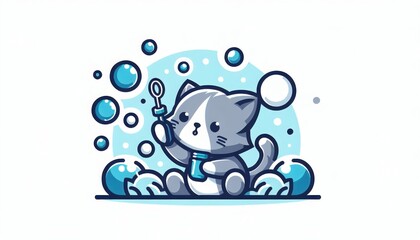 Fototapeta premium Cute Grey and White Cat Blowing Bubbles in Pixel Art Style