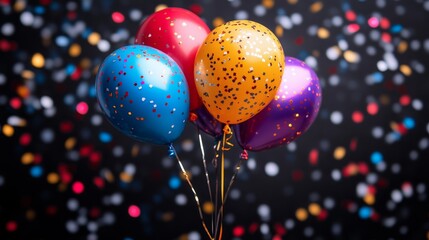 Colorful balloons with confetti against a dark background