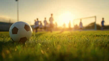 Close-Up Soccer Ball on Green Grass Field with Motion-Blurred Youth Players – Golden Hour Lighting and Empty Space for Text