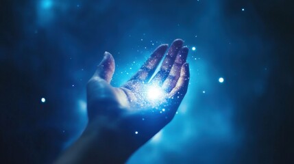 A human hand reaching out among glowing particles of light