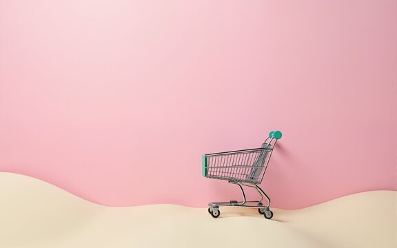 Empty shopping cart by pink wall in desert landscape. High quality