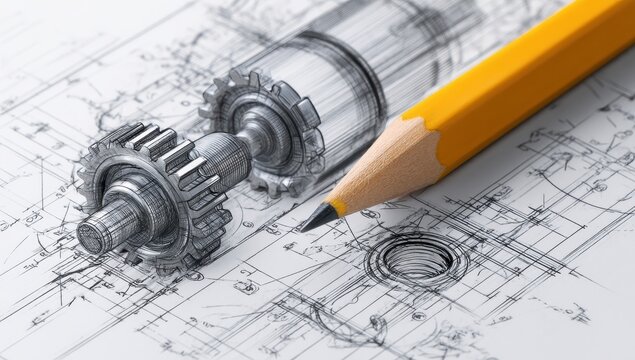 Mechanical design blueprint with gears and pencil