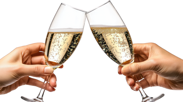 Toast two champagne glasses clinking, bubbly, dark background