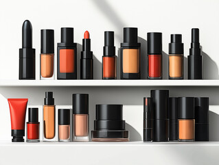 Obraz premium A set of decorative cosmetics such as red lipstick, lip gloss, foundation. Realistic style illustration