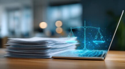 A laptop displays a glowing scales of justice graphic above a stack of papers on a wooden desk, suggesting legal tech or online justice
