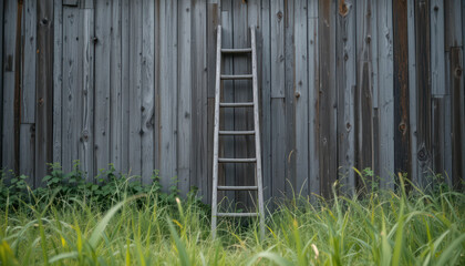 Wooden Ladder Leaning Against a Weathered Barn Wall with Green Grass in Foreground