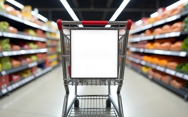 Empty banner on a shopping cart in a grocery store aisle, ideal for product promotions with ample copy space. High quality