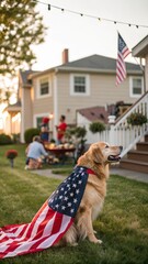 Golden Retriever dog wearing American flag cape in a backyard. Suburban house, people grill, celebrate Independence Day