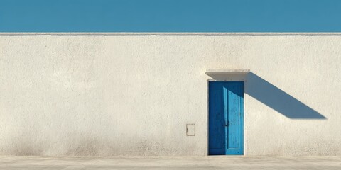 A single blue door set in a large, off-white wall casts a long shadow under a vibrant blue sky