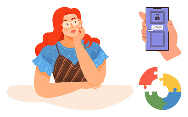 Woman resting chin on hand in contemplation, smartphone with unlock screen, circular puzzle. Ideal for problem-solving, decision-making, brainstorming, focus, strategy, reflection self-growth