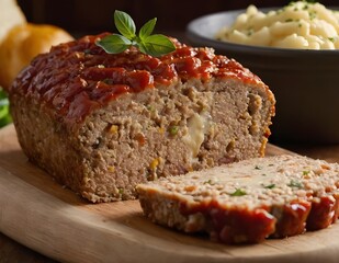 cheesy chicken meatloaf on a wooden board
