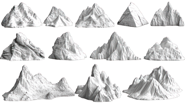 Twelve monochrome mountain range silhouettes