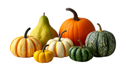 Assortment of autumn gourds and a pear displayed together isolated on transparent background