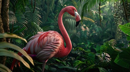 Fototapeta premium Pink Flamingo Standing Tall in Lush Jungle Environment