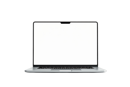 Modern silver laptop with blank white screen isolated on transparent background