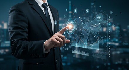 Businessman Analyzing Global Finance Data on Interactive Screen