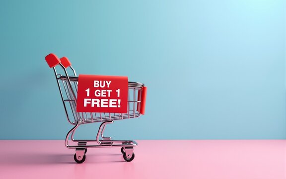 Buy 1 Get 1 Free!!! Sale promotion with trolley shopping cart on pink and blue background. High quality - Powered by Adobe