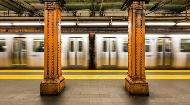 Subway station platform, fast-moving train