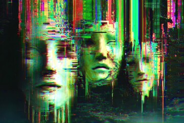 A blurry image of three faces with a green and red background