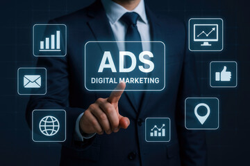Businessman in dark suit interacts with digital interface showing ADs Digital Marketing surrounded by icons representing email globe graph location and thumbs up