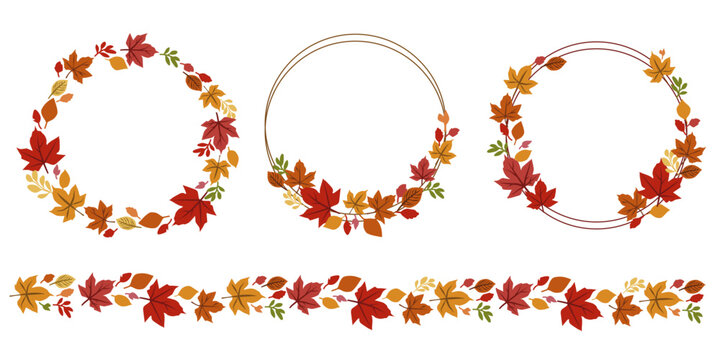 Colorful fallen leaves and berries decoration collection. Set of Autumn and thanks giving day decoration frame. Vector illustration.