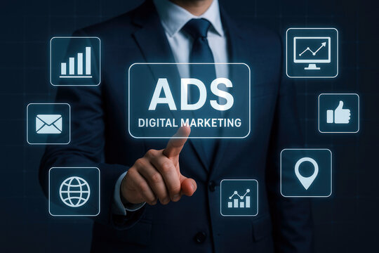 Businessman in dark suit interacts with digital interface showing ADs Digital Marketing surrounded by icons representing email globe graph location and thumbs up