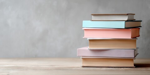 A stack of pastel-colored books sits on a wooden surface against a textured gray wall