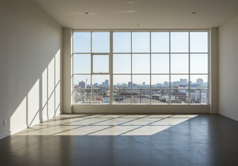 Fototapeta premium A large window in an empty room shows a city view